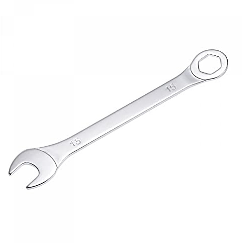 sourcing map Llave combinada delgada con extremo de 6 puntos compensado y extremo abierto en ángulo, acero de alto carbono chapado en espejo métrico, para reparaciones domésticas, 15 mm