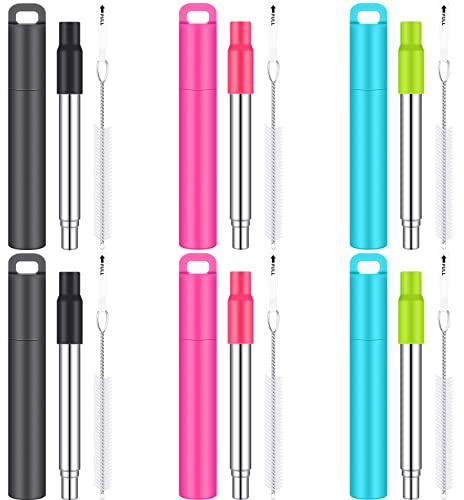 Gejoy 6 Pack Metal Reusable Straw Travel with Case Collapsible Foldable Portable Retractable Drinking Straw Stainless Steel Silicone Tip and Cleaning Brush Long for Cruise Ship Gift
