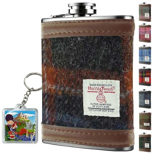 Flasque Harris Tweed enveloppée de 177 ml – En acier inoxydable – Flasque pour liqueur pour homme – pour whisky, rhum, témoin d'honneur, mariage, camping – HF2100 (gris avec carreaux rouillés)