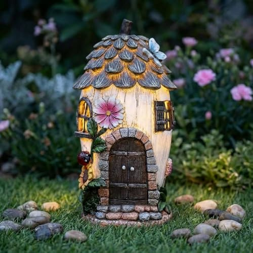 Solar Fairy House Garden Ornament Outdoor – Fairy Garden Ornament with LED Light, Hand Painted Resin Fairy House, Waterproof Solar Garden Ornament, Garden Decor Gift for Mum