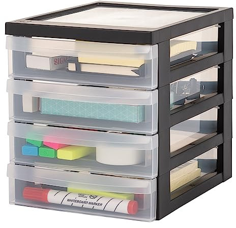 Iris Ohyama Cassettiera in Plastica, Portaoggetti, 4 Cassetti Medi, Nero, Apertura Facile, Formato A5, Trasparente, Per Ufficio, Documenti, Forniture, File, Contenitore, Senza BPA, DC-A5