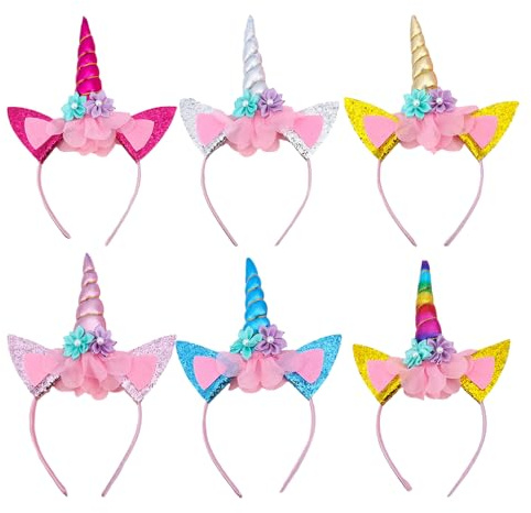 MEMOFYND 6 stycken regnbågshäst-pannband, djurpannband, djurpannband med öron och blommor, tecknade pannband för fest, cosplay huvudbonad (6 färger)