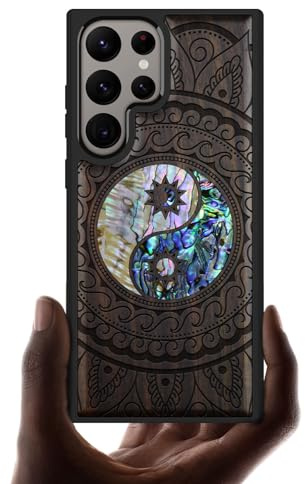 Carveit Handcrafted Case for Galaxy S24 Ultra (Yin Yang Paisley-Black) | Samsung Galaxy S24 Ultra Case - Compatible with MagSafe Wireless charger - Wood Engraved Shell Inlaid - TPU Shockproof Bumper