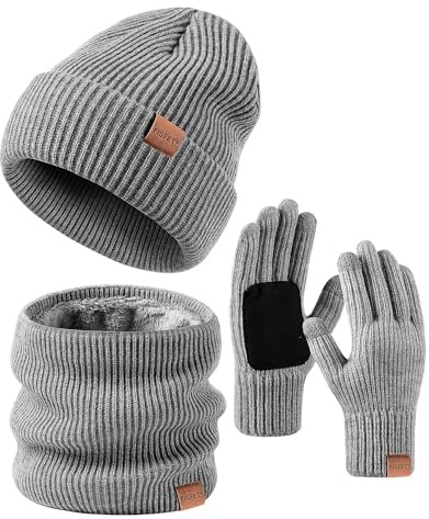 FISFET Mütze, Schal & Handschuh-Sets für Herren Damen, Strick Gefüttert Beanie Mütze Winter Touchscreen Handschuhe Schal Wärmer für Kaltes Wetter 3-in-1 Geschenk Set für den Winter