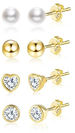 4/6Paar Mehrere Silber 925 Ohrringe Ohrstecker Kleine Set für Damen Mädchen | Silber 925 Ohrstecker Set Kleine Schläfer Knorpel Ohrringe Ohrsteck mit Zirkon Stein Blumen Herz Perlen Stern Mond Ohrsteck