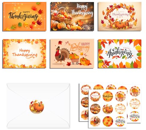 CC HOME Dankeskarten Thanksgiving-Kartenset Grußkarte Set,Grußkarten mit Umschlägen,Aquarell Herbst Kürbis Dankeskarte mit Umschlag Danke Aufkleber für Herbst Hochzeit Thanksgiving Danksagung,24 Set