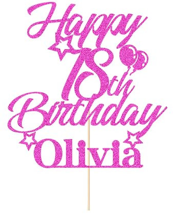 Personalised Happy Birthday Cake Topper Custom Cake Topper Multicolour Double Sided Glitter Cupcake Toppers with Any Name & Age Birthday Decorations (Pink)