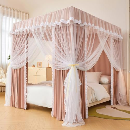 Betthimmel-Vorhang mit 4 Ecken, einfarbig, doppellagig, Prinzessinnen-Moskitonetz für Mädchen, Erwachsene, Schlafzimmer, Dekoration, Braun, California-King-Size-Größe