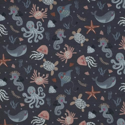 VmG-Store 1 m jerseytyg för sömnad, bomullsjersey sömnadsmaterial, ingen metervara, barntyg (Ocean Animals Jb052)