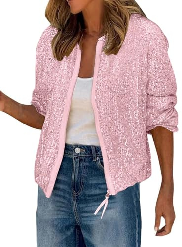 Tomwell Glitzer Oberteile Damen Langarm Pailletten Jacke Reissverschluss Kurz Cardigan Festliche Party Tops