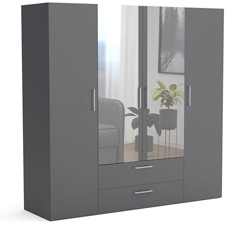 Brent - Kleiderschrank mit Spiegel, Garderobenschrank (BxHxT) 200x200x60 cm, Schrank mit Türen, Schlafzimmerschrank mit Regalen - Grau