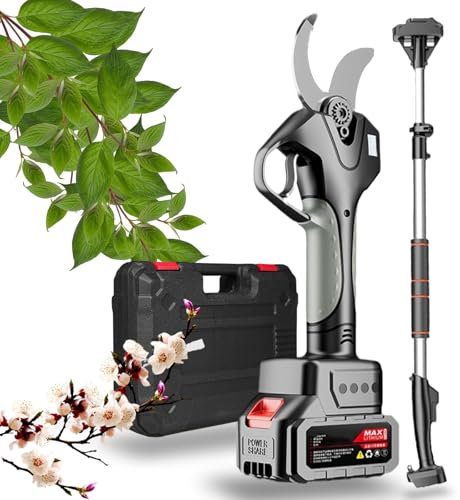 Sécateur électrique, 50MM Secateur Electrique Professionnel Avec Perche Télescopique De 2,1M, écran Lcd, Batterie Au Lithium Rechargeable,Sécateur Sans Fil Pour élaguer Les Arbres,2Battery