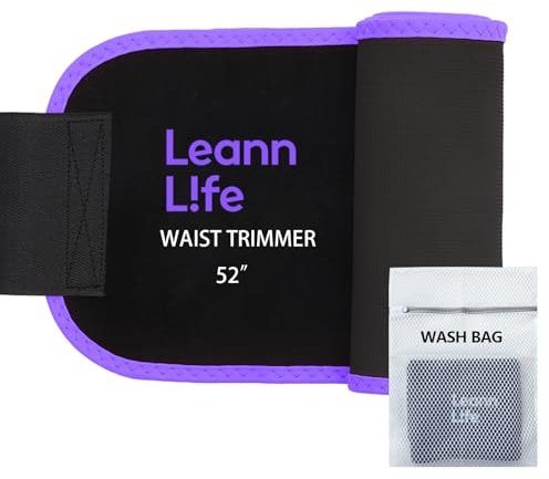 Leann L!fe 52” Waist Trimmer for Slim Belly, Premium Sweat Band Enhancing Fitness Belt for Weighted Hula Hoop Weight Loss, Waist Trainer Women and Men, Stomach Sweat Wrap, Black/Purple