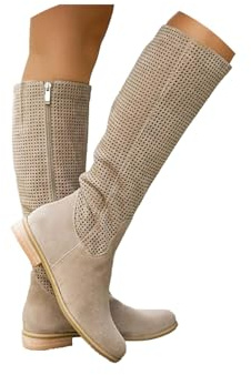 ORANDESIGNE Stivali Western Estivi da Donna Alla Caviglia Motivo Traforato Stivali da Cowboy in Camoscio Boho chic A Beige 37 EU