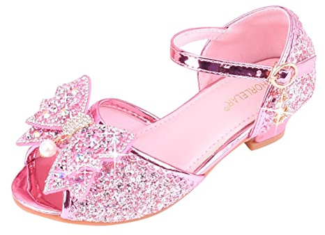 Prinsessskor flicka 28 med klack, eleganta dansskor, pumpskor, öppen tå, fiskmun festskor, cosplay-skor med rosett, glitter, bröllopsskor, klädskor, kvällsskor, ROSA, 26