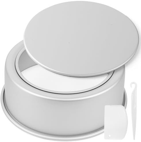 Auddemg Tortiera rotonda per torta Ø 20 cm, Teglia da forno per torte in alluminio anodizzato con fondo rimovibile, Argento, Con spatola per impasto e spatola per disimballare torte