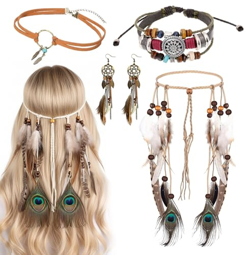 4 Stück Indianer Kopf Schmuck Set, Boho Schmuck Set Damen | Tribal Armband, Halskette, Ohrringe & Stirnband mit Federn | Für Festival, Karneval