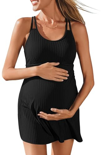 Summer Mae Ribbed Maternity One Piece Swimsuit Dress Wrap Bathing Suit with Built-in Pocket Short Swimwear Tie Knot Skirt Black 12