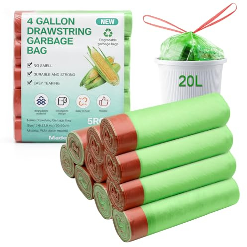 Strong & Leak-Resistant Compostable Bin Bags 20L, 50x60cm Flat Bottom Food Waste Liners, Odour Control for Kitchen, Office & Home (Drawstring Set 180 Pcs)