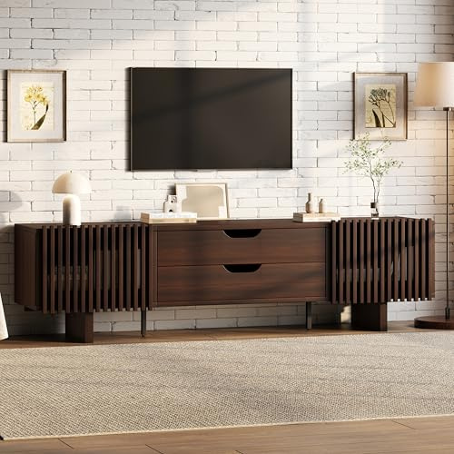 180 x 40 x 45 cm TV-stativ i mörkt valnöt, har två lådor och unika skåpdörrar, TV-skåp, lågbord, vardagsrumsskåp, TV-skåp, lämpligt för TV-apparater upp till 75 tum