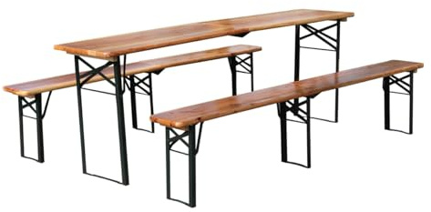 LANDCROOSSERS 3-TLG. Bierzeltgarnitur aus Massivem Kiefernholz, Klappbarer Biertisch mit 2 Bierbänken, Gartenmöbel-Set für Garten, Terrasse und Party (H:220cm)