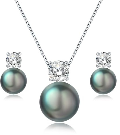 YAMI Perlenkette – Süßwasserperlenkette aus 925 Sterlingsilber, mit passenden Perlenohrringen, 5A-Zirkonia-Perlenanhänger, edles Schlüsselbein-Collier, luxuriöses Geschenk für Damen