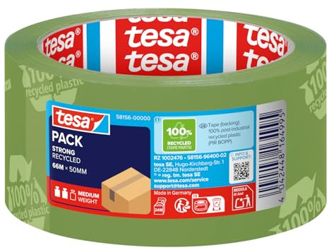 Tesa tesapack Nastro Adesivo STRONG RECYCLED - 66m x 50mm, con Stampa Verde | Nastro da Imballaggio in Plastica Riciclata al 100%, Resistente agli UV e al Tempo, per Pacchi di Peso Medio, Silenzioso