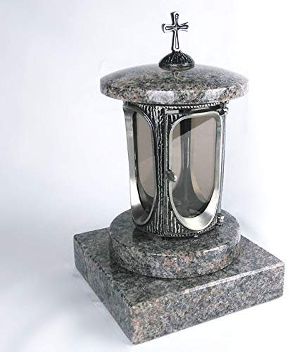 designgrab Alu Grablampe mit Granit Sockel 20x20x5 cm, aus Aluminium in Antikoptik mit Kreuz und Granit Himalaya
