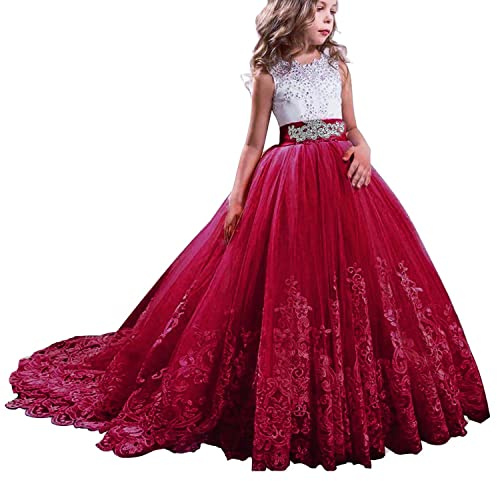 NNJXD Girls Lace Tulle Embroidered Princess Prom Ball Gown Formal Party Long Tail Dresses