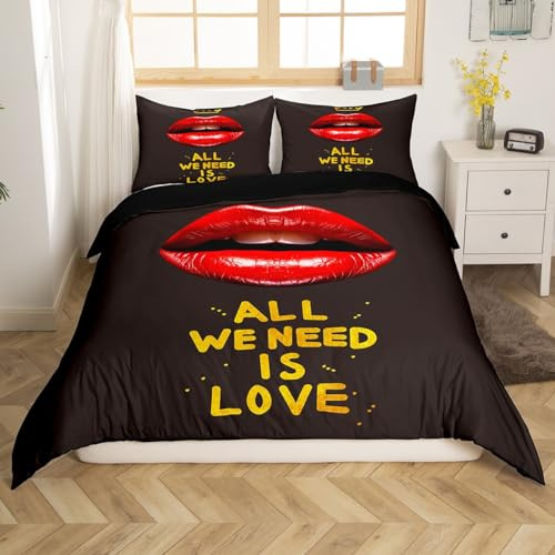 Red Lips Bedding Set Queen Kiss Duvet Cover Set Mouth Pattern Quilt Comforter Cover for Teens Adult Couples, Home Bedroom Decorative 3 Pieces Bedding Set (1 Duvet Cover 2 Pillow Shams) Black Golden
