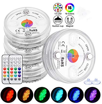 Elitlife (4 PACK) Poolbeleuchtung Unterwasser Led Licht Wasserdichte RGB Beleuchtung mit RF Fernbedienung 13 LED Lampe Batteriebetriebenes 16-Farben Licht für Teich Schwimmbad Garten Vase Dekoration