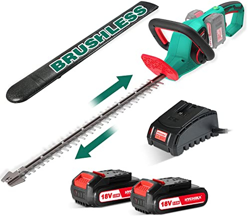 HYCHIKA Akku-Heckenschere, 60 cm Dual-Action-Klingen, Stoßdämpfung, 26 mm Zahnöffnung, elektrische Heckenschere mit ergonomischem drehbarem Griff, zum Trimmen von Gartenhecken und Büschen