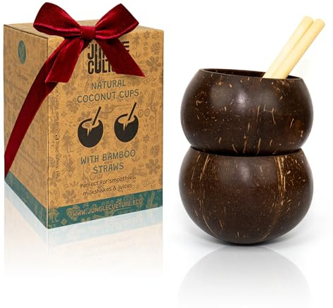 Jungle Culture® Tasses en Coquille de Noix de Coco véritable pour Cocktails et Smoothies • Bols en Noix de Coco et Pailles en Bambou • Tasse en Bois Naturel • Tasses Zéro Déchets • Gobelets à Boire