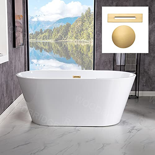WOODBRIDGE 54 Acrylic Freestanding Bathtub Contemporary Soaking White Tub with Brushed Gold Overflow and Drain,B1702-BG