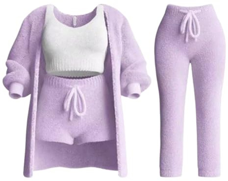 Ensemble de Tricot Misscosy 4 pièces, Ensemble de Tricot Confortable pour Femme, Pyjama en Polaire Douce, Cardigan Chaud, Manteau, Gilet, Short ou Pantalon (Purple,Large)