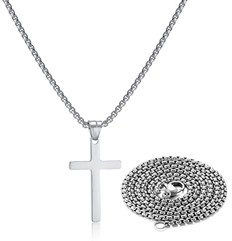 SKQIR Stainless Steel Cross Necklace for Boys Men,Silver Cross Necklace for men tiny Small Cross Pendant Necklace 20 inches Simple Jewelry thin cross chain for mens