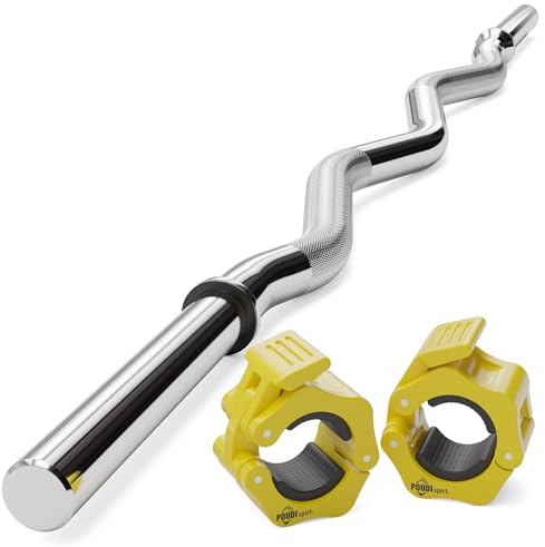 POUDI SPORT 1 Curlstange / EZ Hantelstange aus verchromtem Stahl 120cm | Ø : 30mm | 2 gelbe Hantelverschlüsse + 2 abnehmbare Gummiringe