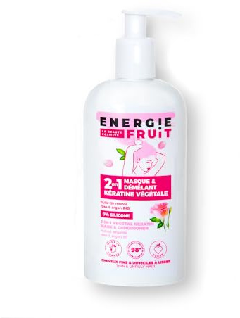 ENERGIE FRUIT | Masque + Démêlant Kératine Végétale | Monoï, Rose & Argan | Cheveux Secs et Difficiles à Lisser | Vegan | 300ml