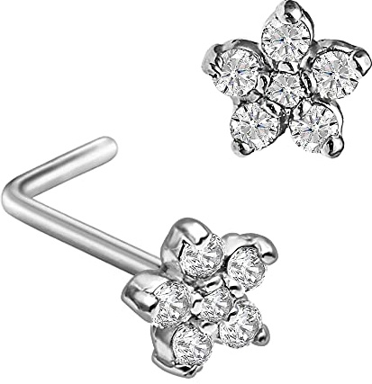 20G 14K White Gold Diamond L-shape Nose Stud - Flower Setting nose Ring - April Birthstone - FLWD-LSWG