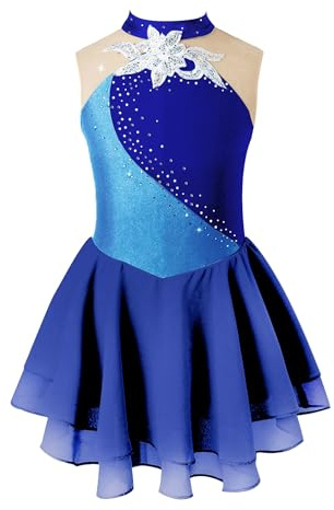 TiaoBug Mädchen Glitzer Eiskunstlauf Kleid Kostüme Ärmellos Ballettkleid Tanzkleid Mesh Spleiß Leotard mit Chiffon Röckchen Ballettkleidung gr.110-176 Navy Blau E 158-164