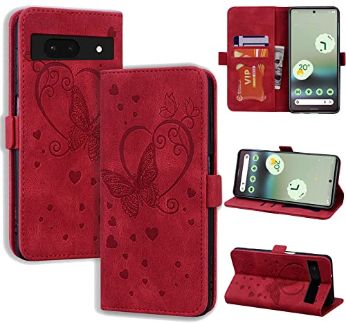 CASAFUNY Handyhülle für Google Pixel 6a Hülle, PU Leder Tasche Cover mit Kartenfach Flip Case Magnetisch Klapphülle Schutzhülle für Google Pixel 6a 5G, rot