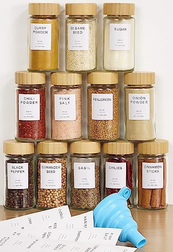 Yangbaga 14PCS Glass Spice Jars set-Glass With Bamboo Lids with Shaker Lids- Spices & Seasoning -Kitchen Storage Organisation of And Labels Stickers……