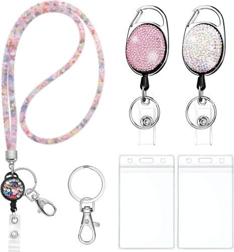 SDwfxd 1 Set Schlüsselband Ausziehbar, Bling Ausweishalter mit 2 Stk Ausweisjojo, 2 Stk Kartenhülle, 1Stk Schlüsselringe, für Studenten, Mitarbeiter, Ärzte