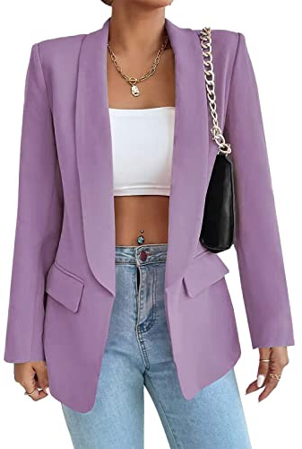 Blazer largo casual para mujer, con frente abierto, chaqueta de trabajo de oficina con bolsillos, morado, L