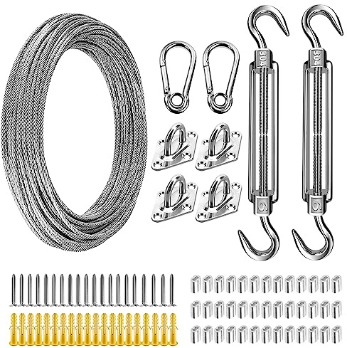 FZENeast Shade Sail Hardware Kit with 50 FT Cable Wire Rope, Anti-Rust Stainless Steel Stainless Steel Sun Shade Hardware Kit for Rectangle Square Triangle Shade Sail Installation(66 PCS)