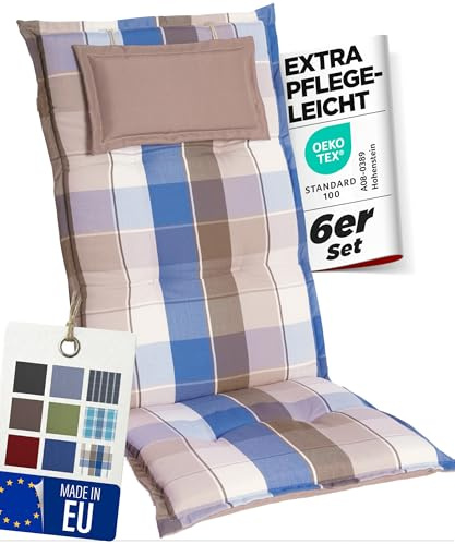 gardisun Gartenstuhlauflagen Hochlehner mit Kopfteil I Extra Dicke Sitzauflagen I Made in Europe I Polsterauflagen für Hochlehner I Auflagen mit extra hohem Komfort I 6er Set I Blau-Braun-Kariert