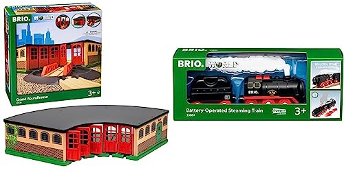 BRIO Eisenbahn Großer Ringlokschuppen Mit Drehscheibe & World 33884 Batterie-Dampflok mit Wassertank - Lokomotive mit echtem kühlen Dampf und Wasserbehälter zum Nachfüllen - Empfohlen ab 3 Jahren