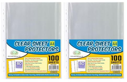 (200 Pcs) A4 Plastic Clear Poly Punch Pockets 80 Micron Extra Strong Filing Folders Wallets Sleeves Sheets Protector for Paperwork Documents Pockets Heavy Duty