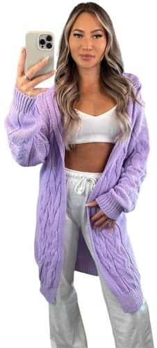 eyes Womens Cardigan Chunky Cable Knitted Plain Longline Ladies Jumper Hooded Cape Long Jumpers Coatigan Open Front Winter Cardigans for Women Sweater Top Lilac