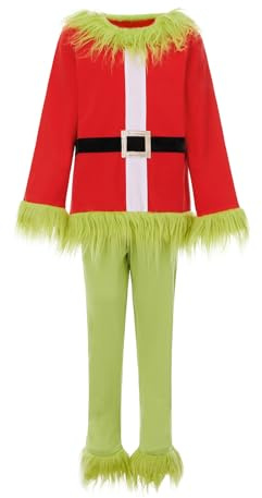 Socutebabe Toddler Kids Christmas Outfit Infant Baby Boy Girl Green Furry Costume Santa Matching Cosplay Clothes Pant Set (Green&red, 4-5 Years)